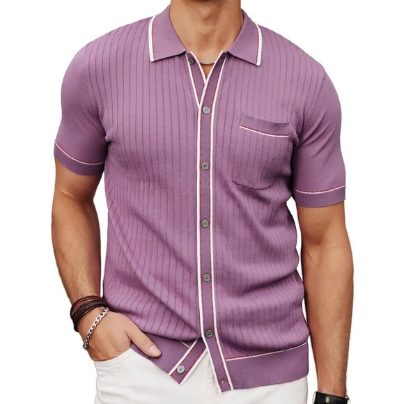 Men's Purple Short Sleeve Knit Polo Shirt Vintage Button Down Golf